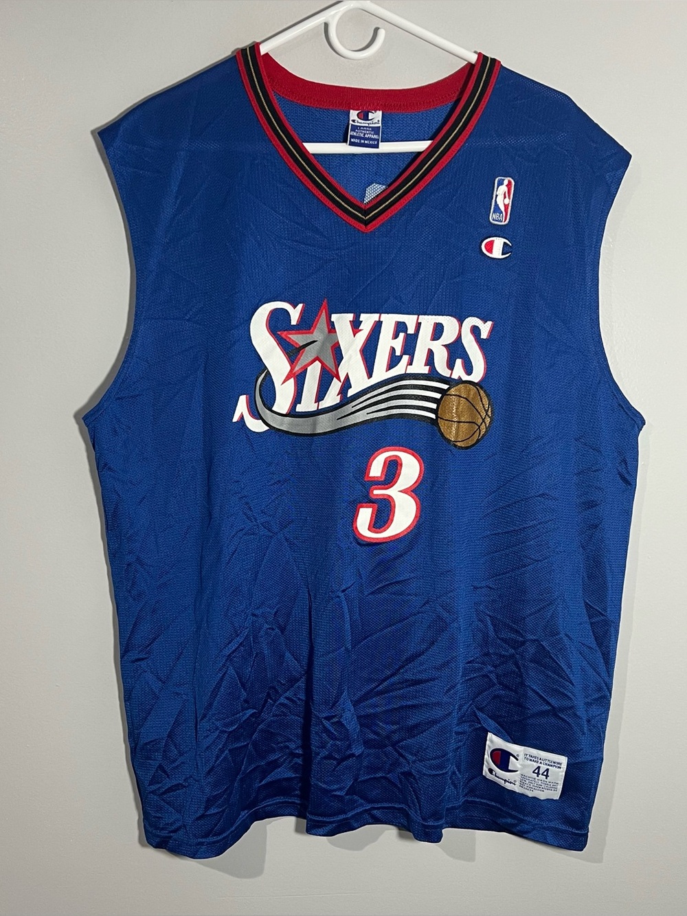 Vintage Champion Philadelphia 76ers Allen Iverson Blue Jersey Mens Size Large 44